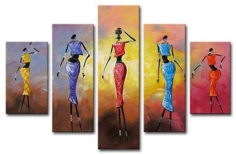 African Dancing Girl Painting, 5 Piece Acrylic Art, Abstract Painting, Extra Large Canvas Painting-Silvia Home Craft