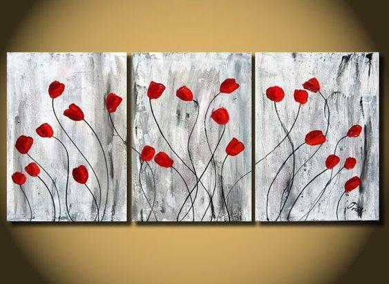 Red Poppy Flower Paintings, Acrylic Flower Painting, 3 Piece Painting, Modern Wall Art Painting-Silvia Home Craft