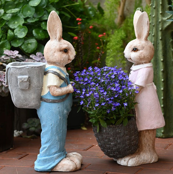 Large Rabbit Lovers Statue for Garden, Bunny Flowerpot, Garden Courtyard Ornament, Villa Outdoor Decor Gardening Ideas, Modern Garden Sculptures-Silvia Home Craft