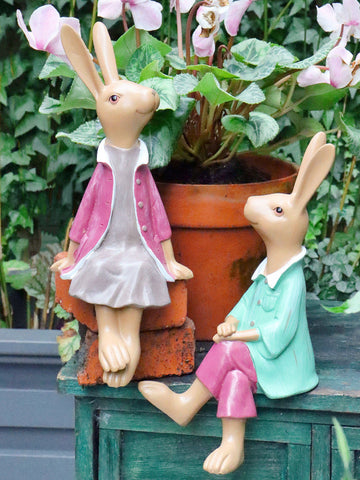 Sitting Rabbit Lovers Statue for Garden, Beautiful Garden Courtyard Ornaments, Villa Outdoor Decor Gardening Ideas, Unique Modern Garden Sculptures-Silvia Home Craft