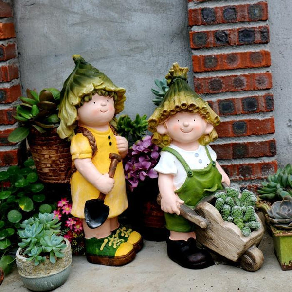 Large Boy Cart and Girl Carry Basket Statues, Flower Pot, Garden Courtyard Ornament, Gardening Ideas, House Warming Gift-Silvia Home Craft