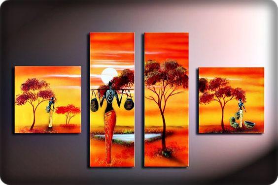 4 Piece Canvas Art, African Paintings, Landscape Canvas Paintings, Bedroom Canvas Art, Oil Painting for Sale, African Woman Painting-Silvia Home Craft
