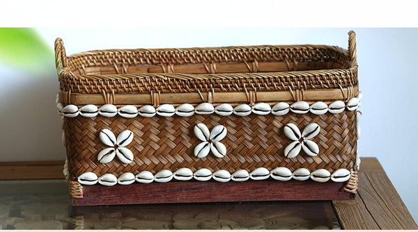 Indonesia Hand Woven Storage Basket, Natural Bamboo and Sea Shell Baskets-Silvia Home Craft
