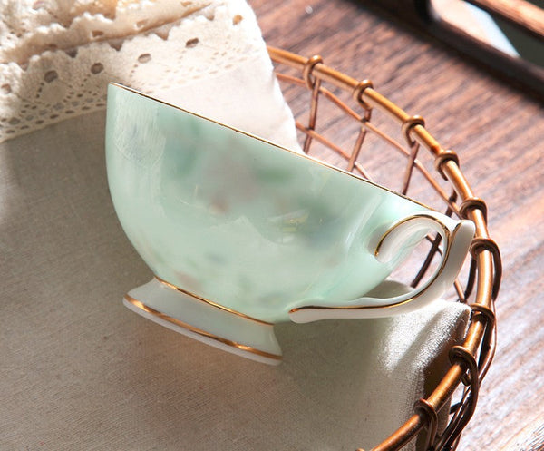 Elegant Sky Green Ceramic Cups, Unique Royal Coffee Cup and Saucer, Creative Bone China Porcelain Tea Cup Set, Beautiful British Tea Cups-Silvia Home Craft