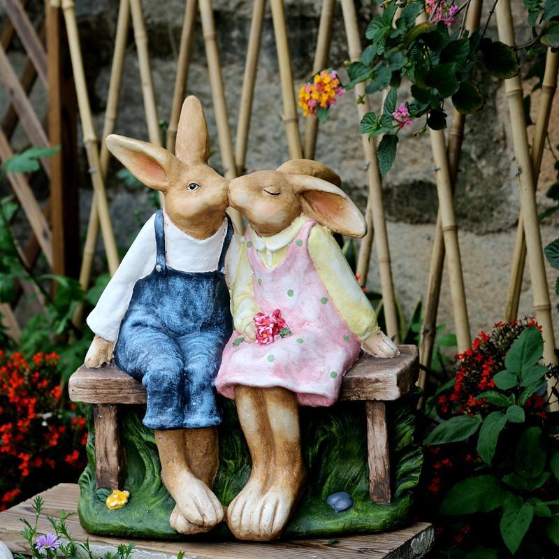 Large Bunny Rabbit Lovers Statue, Rabbit Kiss Statue for Wedding Gift, Garden Courtyard Ornaments, Villa Outdoor Decor Gardening Ideas-Silvia Home Craft