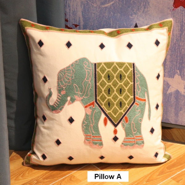 Cotton Decorative Pillows, Elephant Embroider Cotton Pillow Covers, Farmhouse Decorative Sofa Pillows, Decorative Throw Pillows for Couch-Silvia Home Craft