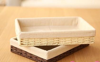 Woven Straw Storage Basket with Linen Lining, Storage Basket for Food, Rectangle Storage Basket for Kitchen-Silvia Home Craft