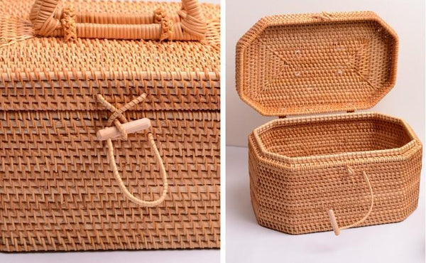 Rattan Wicker Serving Basket, Storage Baskets for Picnic, Kitchen Storage Baskets, Woven Storage Baskets with Lid-Silvia Home Craft