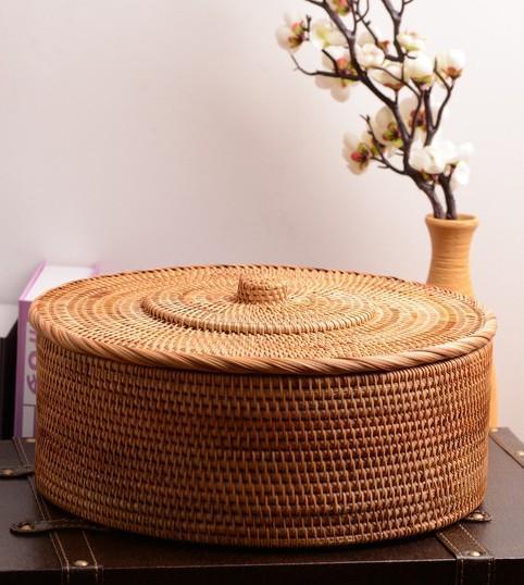 Woven Storage Basket with Lid, Large Rattan Baskets, Round Basket for Kitchen, Storage Baskets for Shelves-Silvia Home Craft