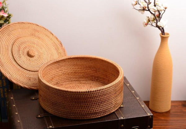Woven Storage Basket with Lid, Large Rattan Baskets, Round Basket for Kitchen, Storage Baskets for Shelves-Silvia Home Craft
