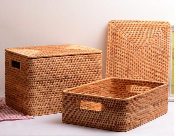 Extra Large Storage Baskets for Shelves, Wicker Rectangular Storage Baskets for Living Room, Rattan Storage Basket with Lid, Storage Baskets for Clothes-Silvia Home Craft