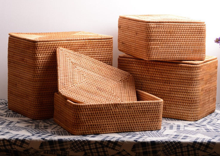Storage Baskets with Lid, Rectangular Storage Baskets, Storage Baskets for Clothes, Pantry Storage Baskets, Rattan Woven Storage Basket for Bedroom-Silvia Home Craft
