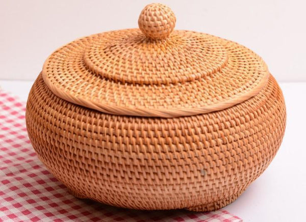Round Storage Basket, Woven Storage Basket with Lid, Rattan Basket for Kitchen, Wicker Storage Basket-Silvia Home Craft