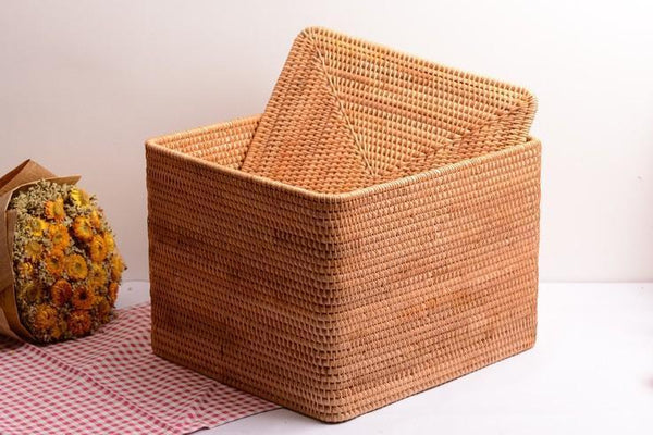 Large Storage Basket for Living Room, Storage Basket for Clothes, Woven Rattan Storage Baskets, Rectangular Storage Basket, Storage Basket with Lid-Silvia Home Craft