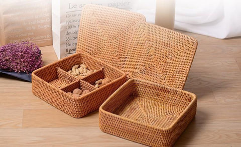 Storage Basket with Lid, Rattan Square Basket, Storage Basket with Lid, Kitchen Storage Baskets-Silvia Home Craft