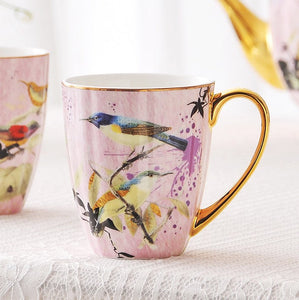 Elegant Pink Ceramic Coffee Mug, Beautiful Bird Flower Ceramic Mug, Large Creative Bone China Porcelain Mug, Large Capacity Ceramic Mugs for Office-Silvia Home Craft