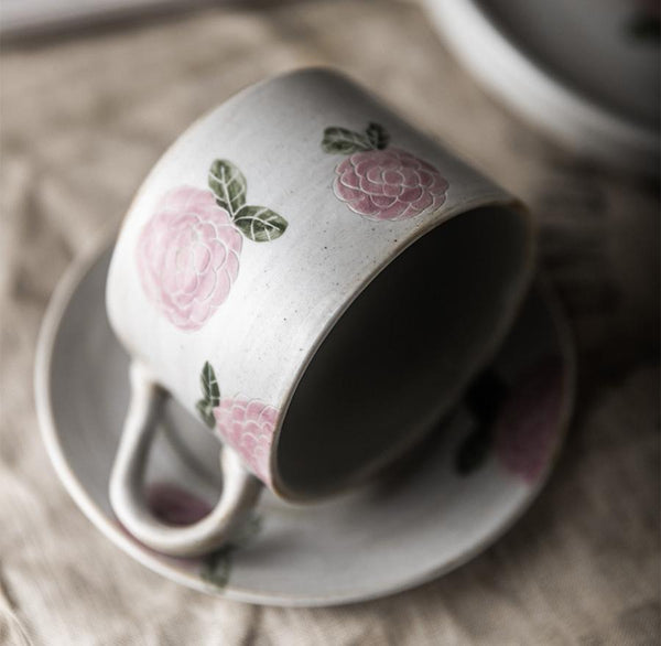 Cappuccino Coffee Mug, Rose Flower Pattern Coffee Cup, Tea Cup, Pottery Coffee Cups, Coffee Cup and Saucer Set-Silvia Home Craft