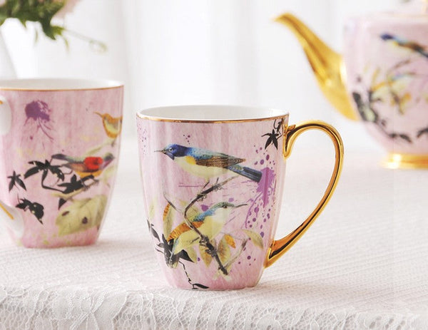 Elegant Pink Ceramic Coffee Mug, Beautiful Bird Flower Ceramic Mug, Large Creative Bone China Porcelain Mug, Large Capacity Ceramic Mugs for Office-Silvia Home Craft