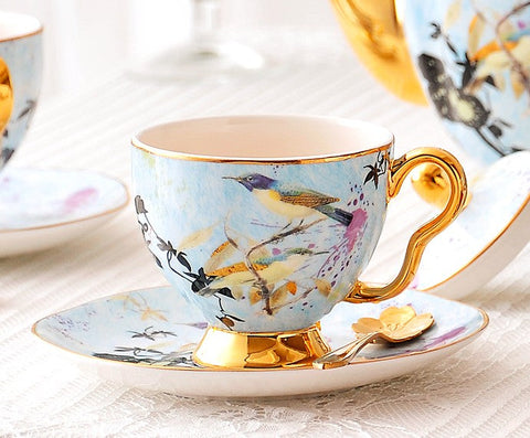 Elegant Ceramic Coffee Cups, Unique Bird Flower Tea Cups and Saucers in Gift Box as Birthday Gift, Beautiful British Tea Cups, Royal Bone China Porcelain Tea Cup Set-Silvia Home Craft