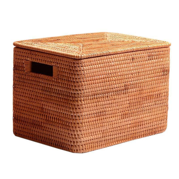 Rectangular Storage Basket with Lid, Woven Rattan Storage Basket for Shelves, Storage Baskets for Bedroom, Pantry Storage Baskets-Silvia Home Craft
