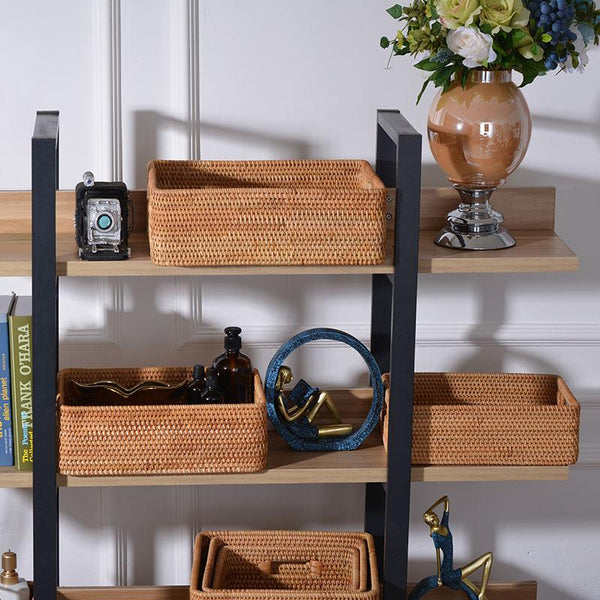 Large Woven Rattan Storage Basket, Rectangular Basket with Handle, Storage Baskets for Living Room-Silvia Home Craft