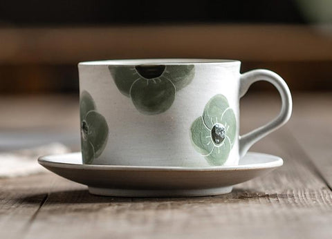 Cappuccino Coffee Cup, Spring Flower Coffee Cup, Rustic Tea Cup, Pottery Coffee Cups, Coffee Cup and Saucer Set-Silvia Home Craft