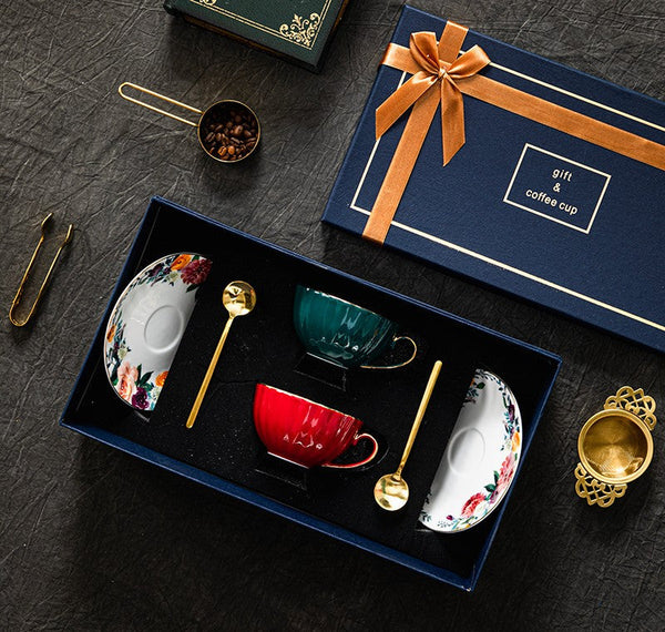 Beautiful British Tea Cups, Creative Bone China Porcelain Tea Cup Set, Elegant Ceramic Coffee Cups, Unique Tea Cups and Saucers in Gift Box-Silvia Home Craft