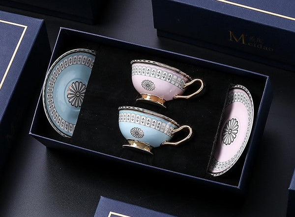 Royal Blue and Pink Bone China Porcelain Tea Cup Set, Tea Cups and Saucers in Gift Box, Elegant Ceramic Coffee Cups, Beautiful British Tea Cups-Silvia Home Craft