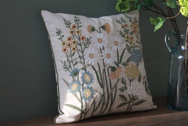 Decorative Pillows for Sofa, Flower Decorative Throw Pillows, Embroider Flower Cotton Pillow Covers, Farmhouse Decorative Throw Pillows-Silvia Home Craft