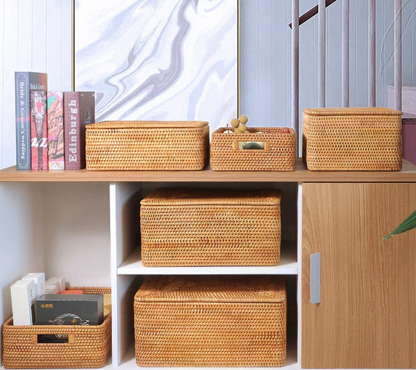 Extra Large Woven Rattan Storage Basket for Bedroom, Rattan Storage Baskets, Rectangular Woven Basket with Lid, Storage Baskets for Shelves-Silvia Home Craft