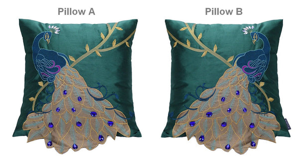 Decorative Sofa Pillows, Decorative Pillows for Couch, Beautiful Decorative Throw Pillows, Green Embroider Peacock Cotton and linen Pillow Cover-Silvia Home Craft