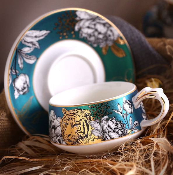 Handmade Ceramic Cups with Gold Trim and Gift Box, Jungle Tiger Cheetah Porcelain Coffee Cups, Creative Ceramic Tea Cups and Saucers-Silvia Home Craft