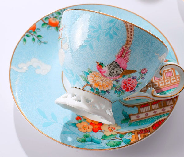Beautiful Bird Pattern Tea Cups, Creative Bone China Porcelain Tea Cup Set, Elegant Oriental Pheasant Ceramic Cups and Saucers in Gift Box-Silvia Home Craft