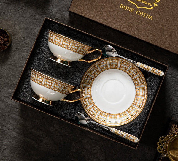Handmade Elegant British Ceramic Coffee Cups, Unique Tea Cup and Saucer in Gift Box, Bone China Porcelain Tea Cup Set for Office, Yellow Ceramic Cups-Silvia Home Craft