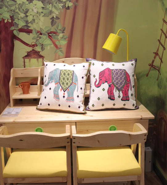 Cotton Decorative Pillows, Elephant Embroider Cotton Pillow Covers, Farmhouse Decorative Sofa Pillows, Decorative Throw Pillows for Couch-Silvia Home Craft