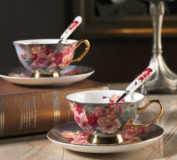 Ceramic Tea Cups and Saucers in Gift Box, Rose Flower Royal Bone China Porcelain Tea Cup Set, Elegant Ceramic Coffee Cups, Beautiful British Tea Cups-Silvia Home Craft