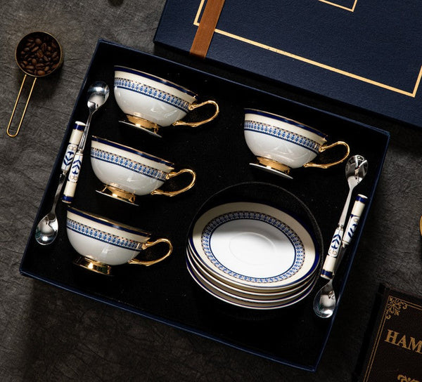 Elegant British Ceramic Coffee Cups, Unique British Tea Cup and Saucer in Gift Box, Blue Bone China Porcelain Tea Cup Set-Silvia Home Craft