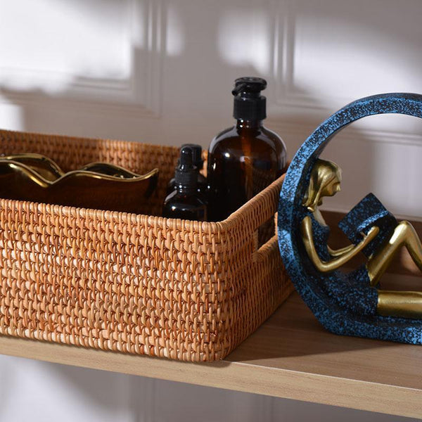Large Woven Rattan Storage Basket, Rectangular Basket with Handle, Storage Baskets for Living Room-Silvia Home Craft
