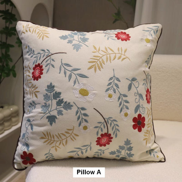 Decorative Throw Pillows for Couch, Embroider Flower Cotton Pillow Covers, Spring Flower Decorative Throw Pillows, Farmhouse Sofa Decorative Pillows-Silvia Home Craft