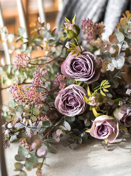 Artificial Floral for Bedroom, Bunch of Purple Rose Flowers, Eucalyptus globulus, Botany Plants, Creative Flower Arrangement Ideas for Home Decoration-Silvia Home Craft