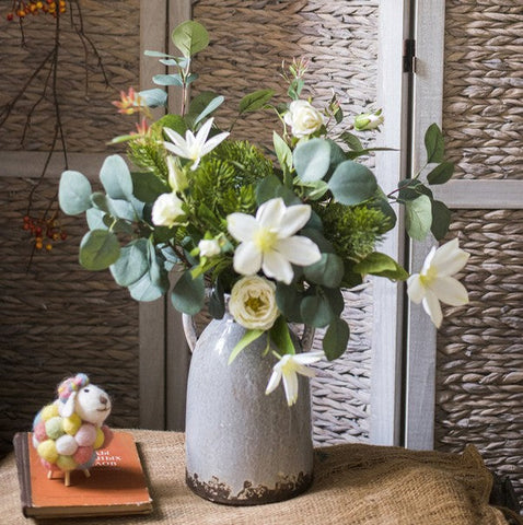 Eucalyptus Globulus, Clematis, White Rose Flowers, Unique Flower Arrangement for Home Decoration, Beautiful Modern Artificial Flowers for Dining Room Table-Silvia Home Craft