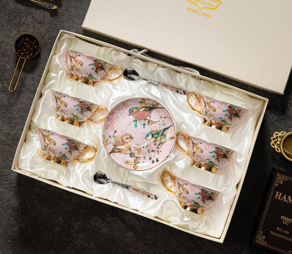 Unique Tea Cup and Saucer in Gift Box, Lovely Birds Ceramic Cups, Elegant Ceramic Coffee Cups, Afternoon Bone China Porcelain Tea Cup Set-Silvia Home Craft