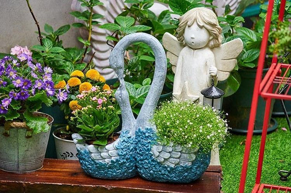 Large Mother and Baby Swans for Garden, Swan Flowerpot, Animal Statue for Garden Courtyard Ornament, Villa Outdoor Decor Gardening Ideas-Silvia Home Craft