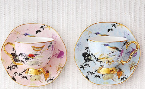 Unique Bird Flower Tea Cups and Saucers in Gift Box as Birthday Gift, Elegant Ceramic Coffee Cups, Afternoon British Tea Cups, Royal Bone China Porcelain Tea Cup Set-Silvia Home Craft