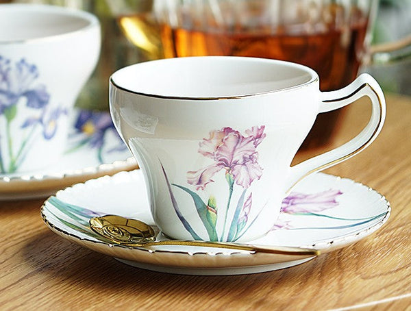 Iris Flower British Tea Cups, Beautiful Bone China Porcelain Tea Cup Set, Traditional English Tea Cups and Saucers, Unique Ceramic Coffee Cups in Gift Box-Silvia Home Craft