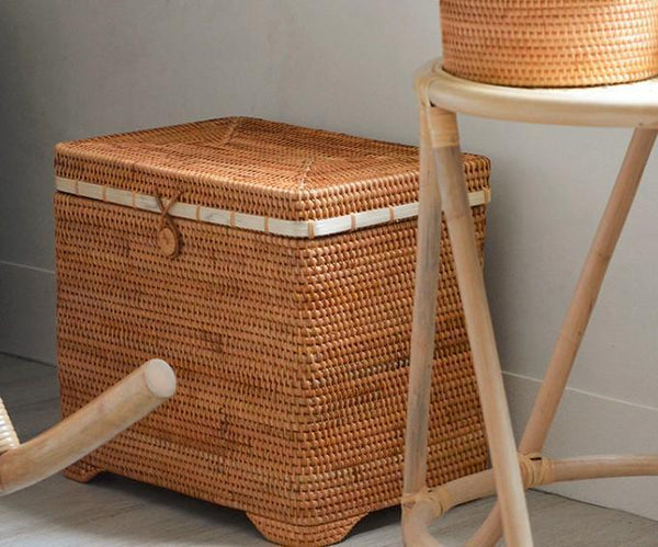 Large Rectangular Storage Basket with Lid, Rattan Storage Case, Storage Baskets for Bedroom, Rectangular Woven Storage Baskets for Clothes-Silvia Home Craft