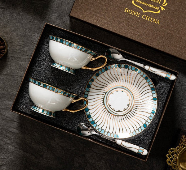 Unique Tea Cup and Saucer in Gift Box, Elegant British Ceramic Coffee Cups, Bone China Porcelain Tea Cup Set for Office, Green Ceramic Cups-Silvia Home Craft