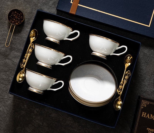 Elegant British Ceramic Coffee Cups, Bone China Porcelain Coffee Cup Set, White Ceramic Cups, Unique Tea Cup and Saucer in Gift Box-Silvia Home Craft