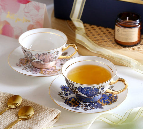 Elegant Ceramic Coffee Cups, Afternoon British Tea Cups, Unique Iris Flower Tea Cups and Saucers in Gift Box, Royal Bone China Porcelain Tea Cup Set-Silvia Home Craft