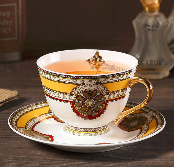 Handmade Beautiful British Tea Cups, Creative Bone China Porcelain Tea Cup Set, Yellow Royal Ceramic Coffee Cups, Unique Tea Cups and Saucers-Silvia Home Craft